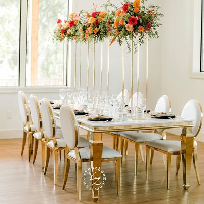 Harga bagus Meja Makan Modern Stainless Steel Emas Kaca Cermin untuk Hotel Pernikahan Pesta Acara Luar Ruangan untuk Perjamuan on line