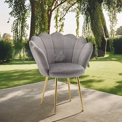 Harga bagus Nordic Designer Grey Velvet Dining Chair Shell Shape Back Gold Leg Individu Armchair Ruang Tamu Hotel Gym-Upholstered Metal on line