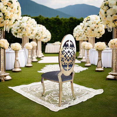 Harga bagus Kursi Makan Klasik Mewah Punggung Tinggi Bingkai Baja Tahan Karat Emas Bunga Ukir Punggung untuk Pernikahan Apartemen Hotel Acara on line