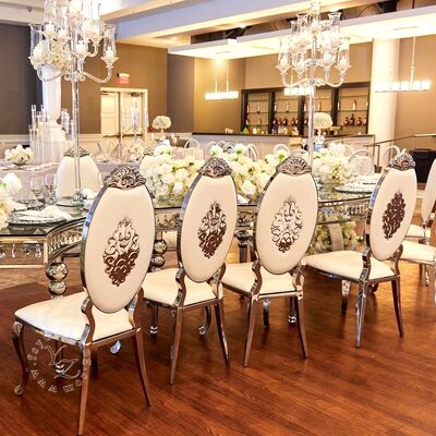 Harga bagus Kursi Belakang Oval Stainless Steel Emas Modern dengan Kulit untuk Ruang Makan Hotel dan Pernikahan Gaya Kontemporer untuk Apartemen on line