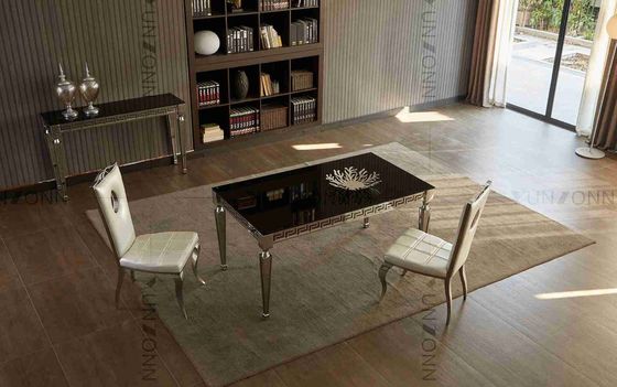 Harga bagus Meja Makan Kaca Hitam Ringkas Diukir Ujung Kaki Sudut Untuk Ruang Makan on line