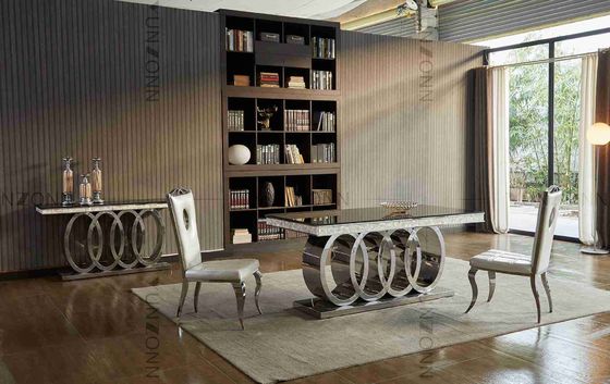 Harga bagus Meja Makan Modern Mewah Basis Berat Meja Makan Atas Kaca Hitam L200xW100xH75cm on line