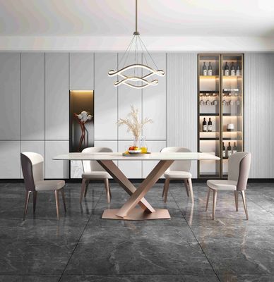 Harga bagus Meja Makan Modern Mewah Polos X Base 6 8 Seater Marmer Top Stainless Steel Frame on line